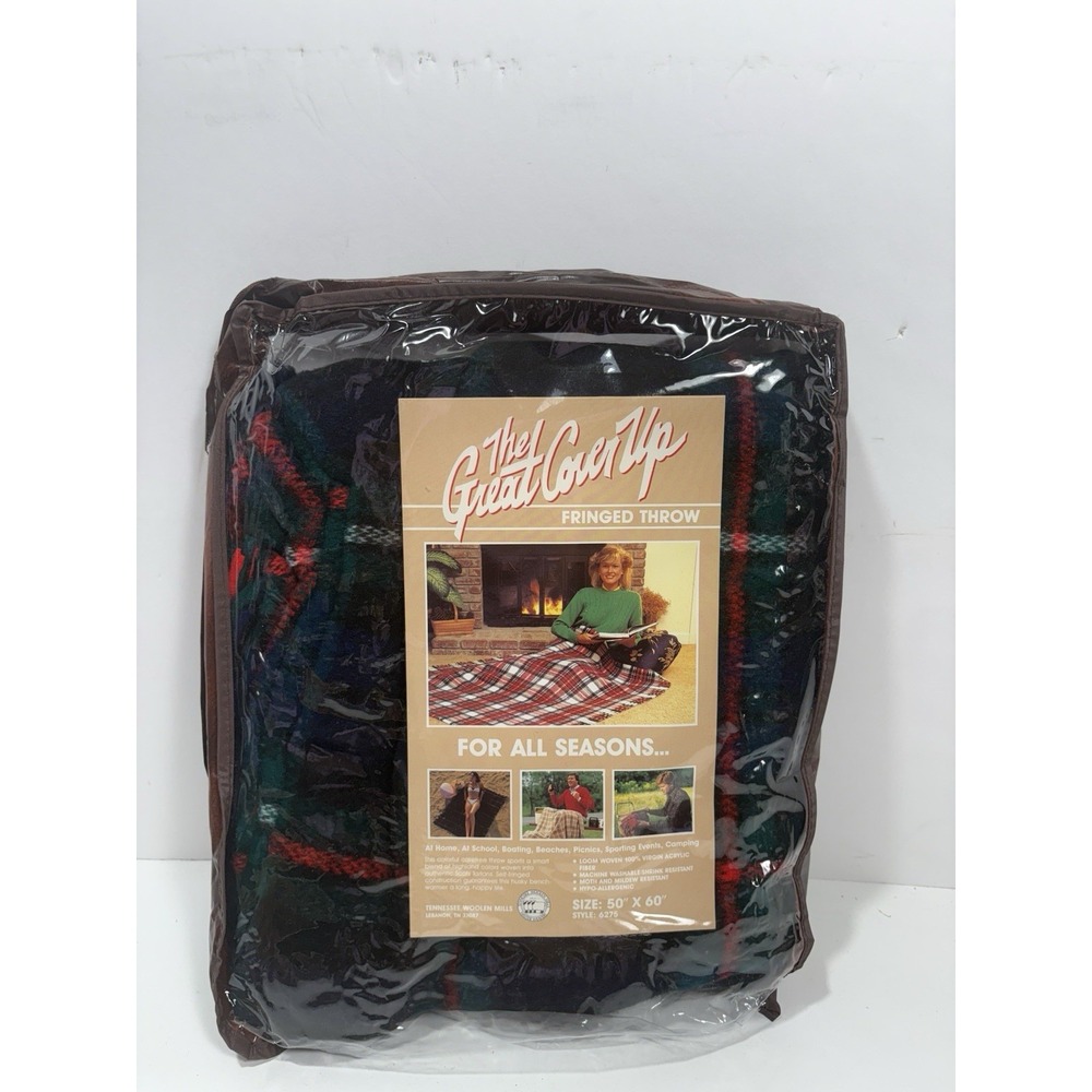 The Great Cover Up Fringe Throw Blanket JCPenney Plaid USA 50x60 Blue Green Red